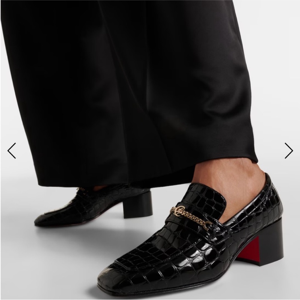 Christian Louboutin MJ MOC Brown Croc-Embossed Loafers with Gold Chain